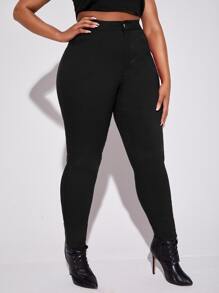 SHEIN SXY Plus High Waist Skinny Solid Pants, For Women Spring Summer - Black - View 4