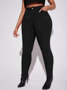 SHEIN SXY Plus High Waist Skinny Solid Pants, For Women Spring Summer - Black - View 5