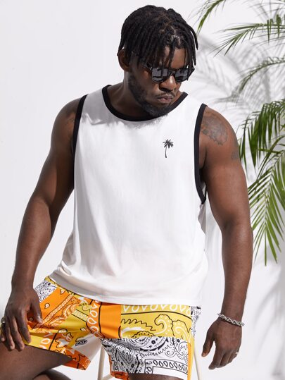 EASEVO Men Plus Cotton Tropical Print Contrast Trim Tank Top