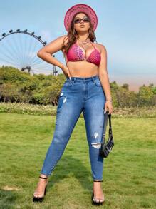 SHEIN VCAY Jeans ajustados desgarro con bolsillo lateral con solapa - Azul lavado medio - Ver 3