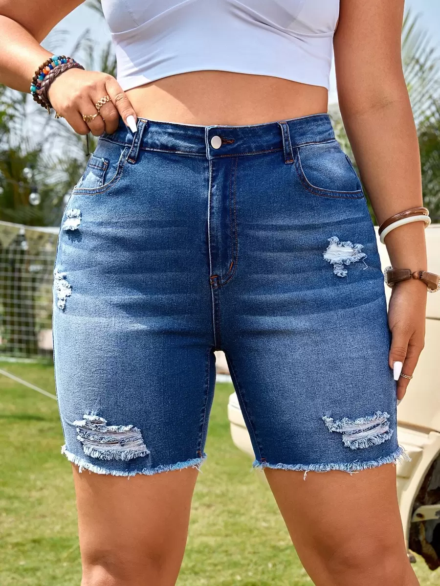 SHEIN EZwear Plus High Waist Ripped Raw Hem Denim Shorts - Dark Wash - View 1