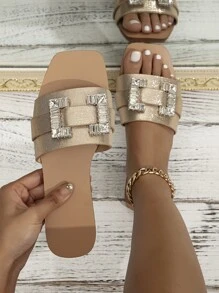 Women Rhinestone Decor Slides, Fabric Glamorous Flat Sandals - Apricot - View 1