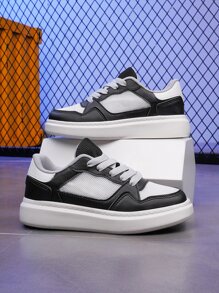 Boys Color Block Skate Shoes, Lace-up Front Sneakers - Black and White - View 2