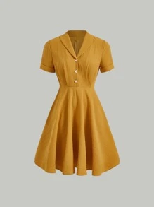 SHEIN MOD Solid Button Front Dress - Mustard Yellow - View 1