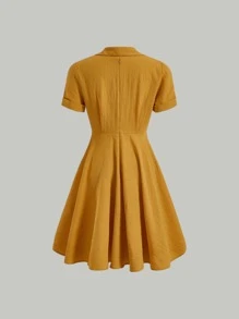 SHEIN MOD Solid Button Front Dress - Mustard Yellow - View 2