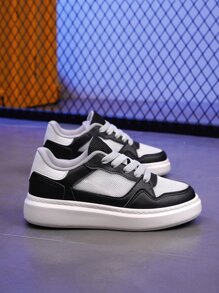 Boys Color Block Skate Shoes, Lace-up Front Sneakers - Black and White - View 5