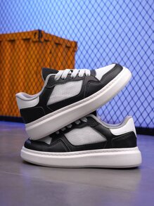 Boys Color Block Skate Shoes, Lace-up Front Sneakers - Black and White - View 6
