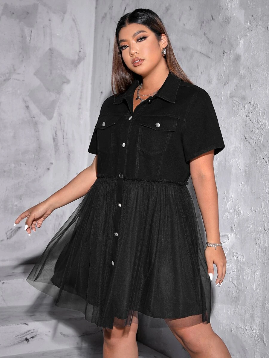 Plus Flap Pocket Mesh Overlay Denim Dress - Black - View 1