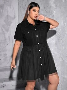 Plus Flap Pocket Mesh Overlay Denim Dress - Black - View 3