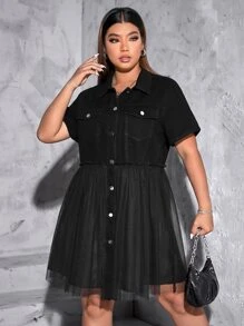 Plus Flap Pocket Mesh Overlay Denim Dress - Black - View 4