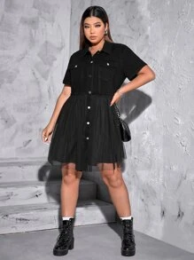 Plus Flap Pocket Mesh Overlay Denim Dress - Black - View 5
