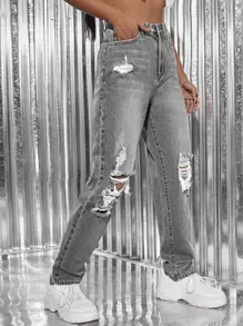 SHEIN ICON Jeans de pierna recta de talle alto desgarro - Gris - Ver 3