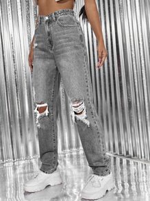 SHEIN ICON Jeans de pierna recta de talle alto desgarro - Gris - Ver 4