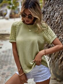 SHEIN LUNE 素色插肩袖T恤 - 橄欖綠 - 查看 3