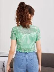 SHEIN Teen Girls Marble Print Lettuce Trim Tee & Cami Top - Multicolor - View 2