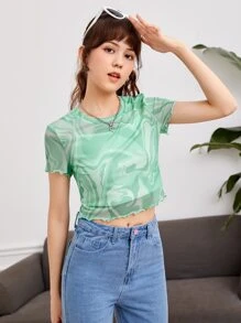 SHEIN Teen Girls Marble Print Lettuce Trim Tee & Cami Top - Multicolor - View 5
