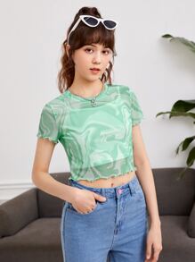 SHEIN Teen Girls Marble Print Lettuce Trim Tee & Cami Top - Multicolor - View 6