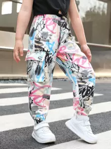SHEIN Leap Crew Cô Gái Trẻ In Vẽ bậy Túi nắp bên cạnh Quần Cargo - Nhiều màu - Xem 4