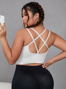 Yoga Basic Plus Solid Crisscross Back Sports Bra - White - View 2