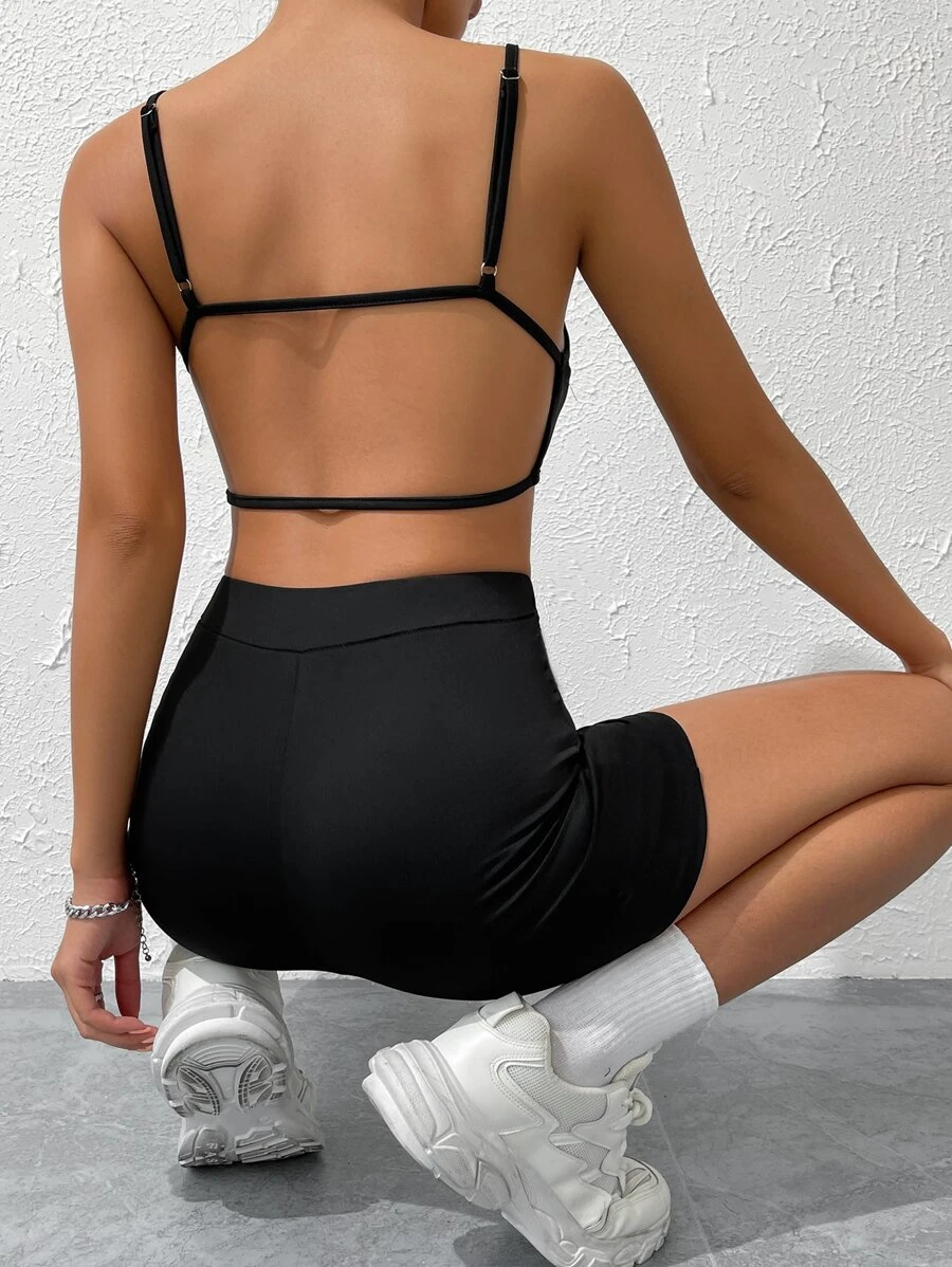 SHEIN BAE 素色露背吊帶上衣和騎行褲 - 黑色 - 查看 1