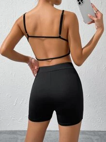 SHEIN BAE 素色露背吊帶上衣和騎行褲 - 黑色 - 查看 7