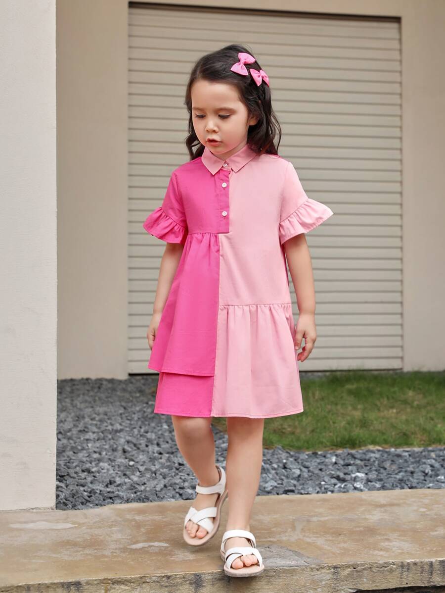 SHEIN Đầm bé gái Xù Viên lá sen Nút phía trước Khối Màu Dễ thương - Hồng - Xem 1