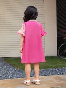 SHEIN Đầm bé gái Xù Viên lá sen Nút phía trước Khối Màu Dễ thương - Hồng - Xem 2