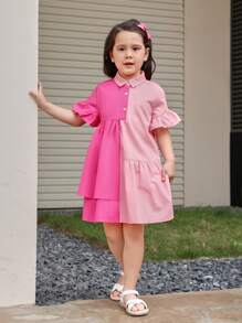 SHEIN Đầm bé gái Xù Viên lá sen Nút phía trước Khối Màu Dễ thương - Hồng - Xem 4