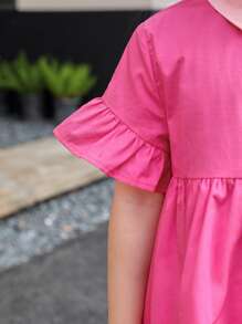 SHEIN Đầm bé gái Xù Viên lá sen Nút phía trước Khối Màu Dễ thương - Hồng - Xem 5