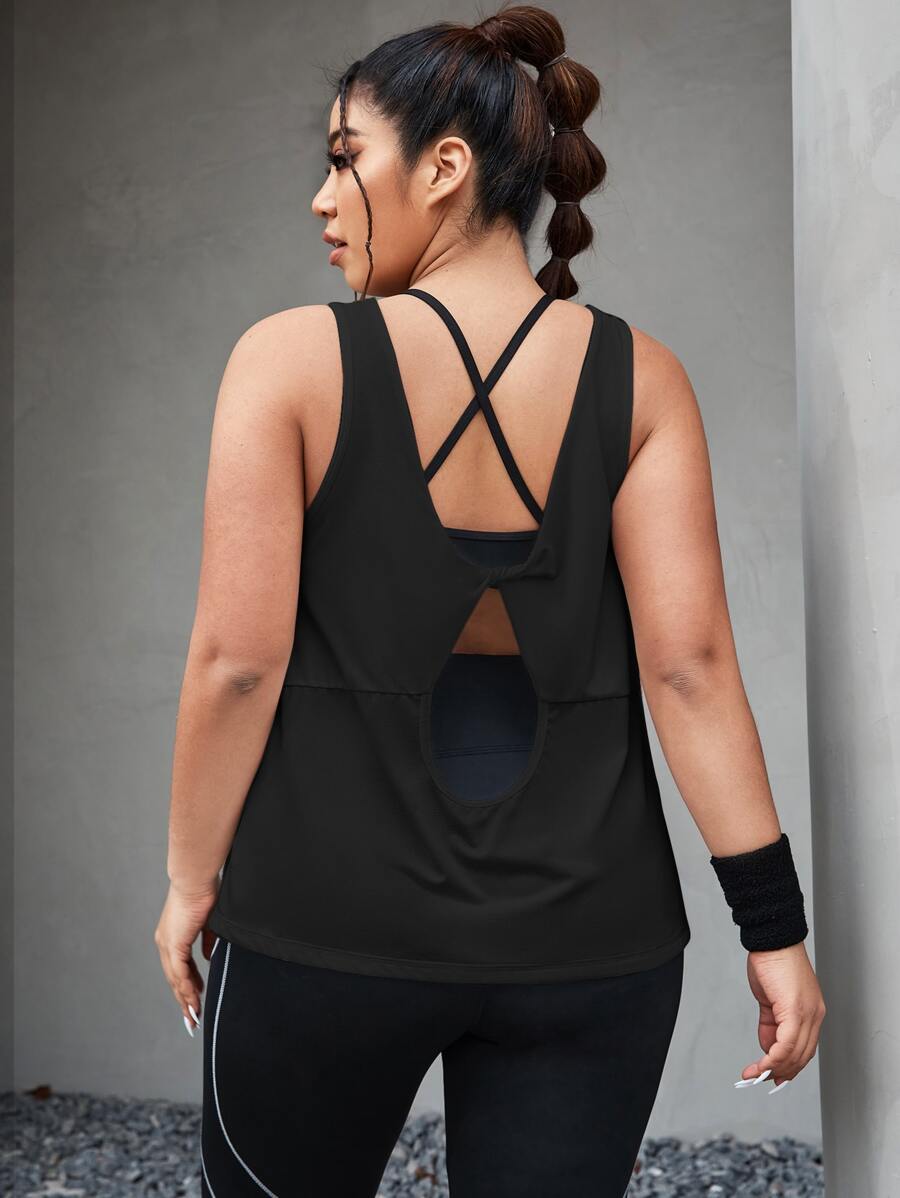 SHEIN Daily&Casual Plus Twist Back Sports Tank Top - Black - View 1