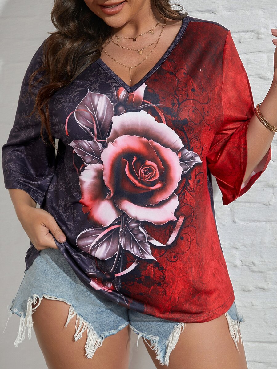EMERY ROSE Plus Floral Print V Neck Tee