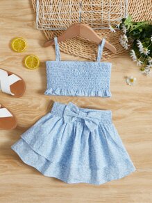 SHEIN Baby Plants Print Cami Top & Bow Front Two Layer Hem Skirt - Blue and White - View 1