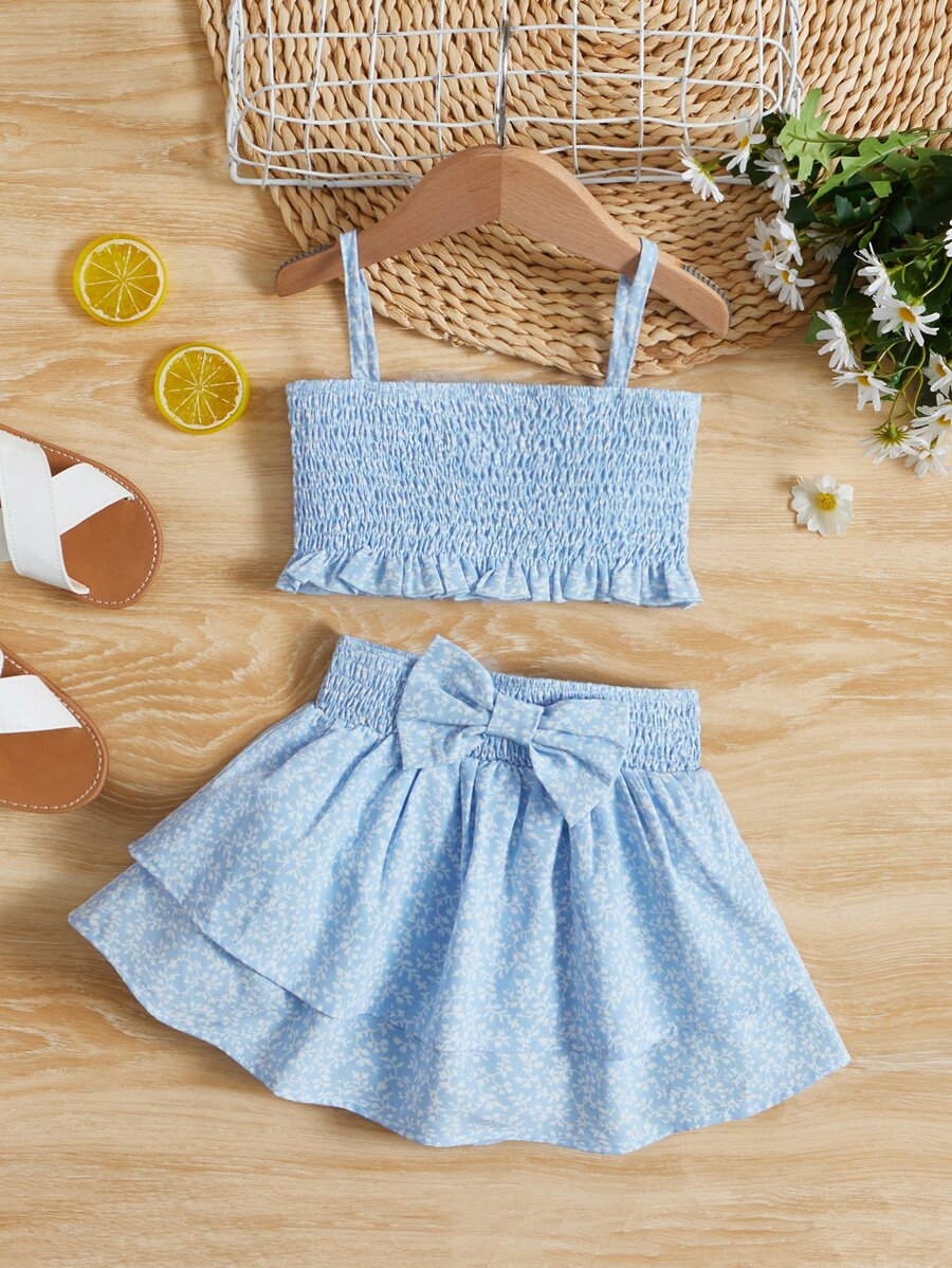 SHEIN Baby Plants Print Cami Top & Bow Front Two Layer Hem Skirt - Blue and White - View 1