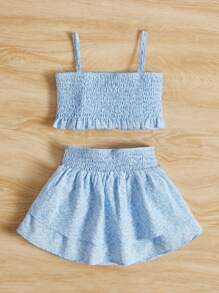 SHEIN Baby Plants Print Cami Top & Bow Front Two Layer Hem Skirt - Blue and White - View 2
