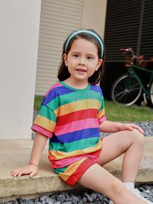 SHEIN Toddler Girls Rainbow Striped Drop Shoulder Tee & Shorts - Multicolor - View 2