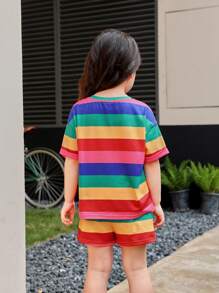 SHEIN Toddler Girls Rainbow Striped Drop Shoulder Tee & Shorts - Multicolor - View 3