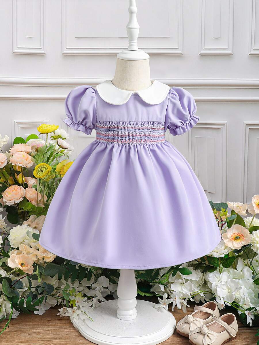 Baby Girl Puff Sleeve Peter Pan Collar Dress - Mauve Purple - View 1