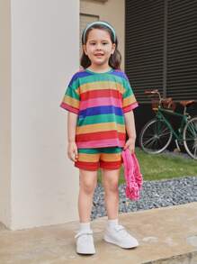 SHEIN Toddler Girls Rainbow Striped Drop Shoulder Tee & Shorts - Multicolor - View 4