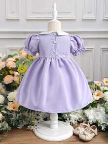 Baby Girl Puff Sleeve Peter Pan Collar Dress - Mauve Purple - View 2