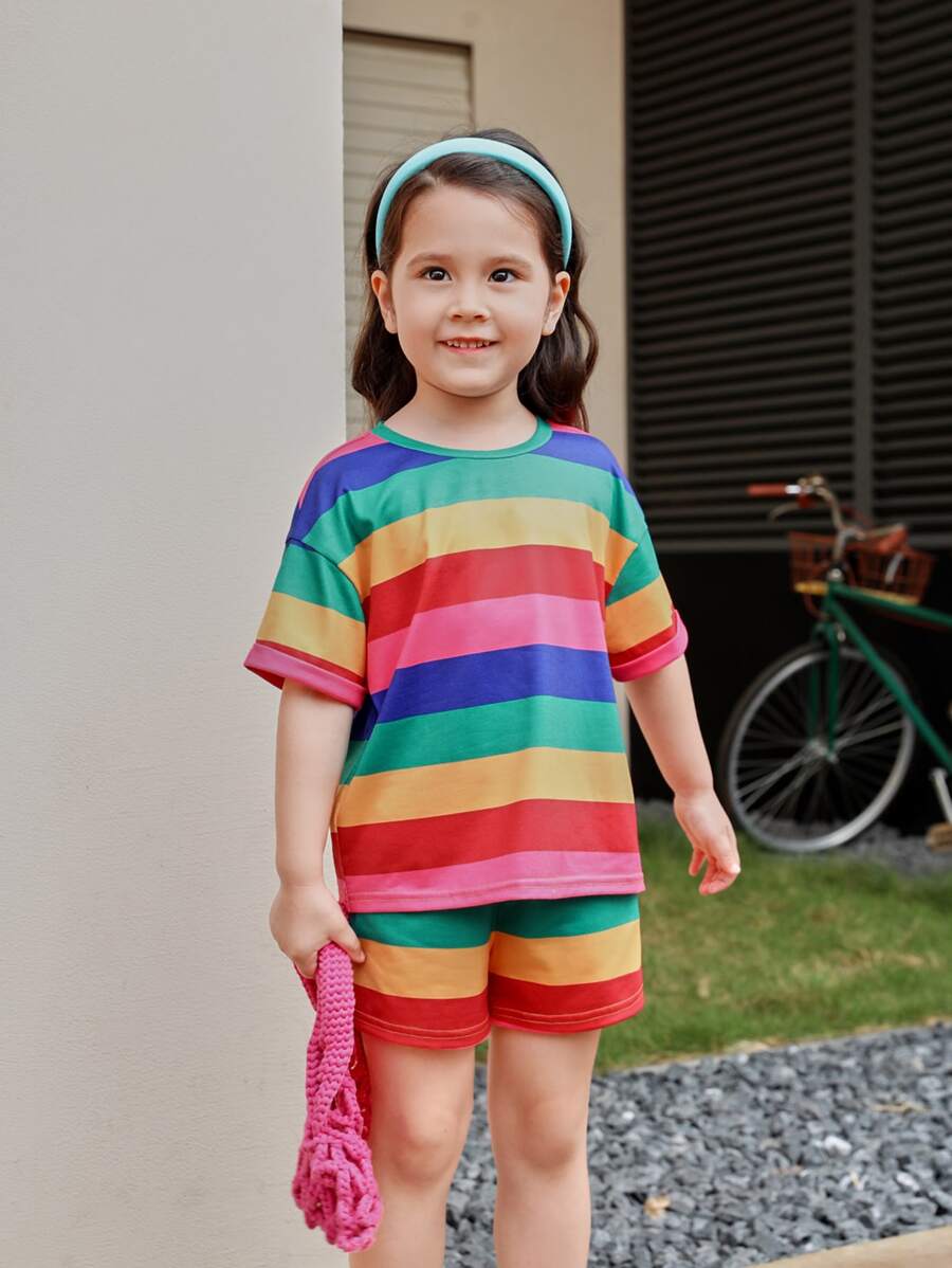 SHEIN Toddler Girls Rainbow Striped Drop Shoulder Tee & Shorts - Multicolor - View 1