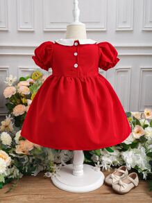 SHEIN 嬰兒泡泡袖彼得潘領連衣裙 - 紅色 - 查看 2