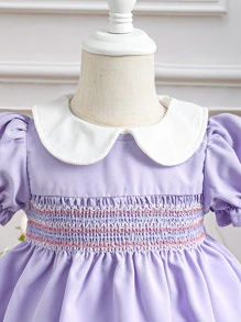 Baby Girl Puff Sleeve Peter Pan Collar Dress - Mauve Purple - View 6