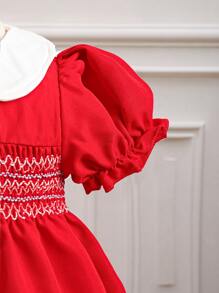 SHEIN 嬰兒泡泡袖彼得潘領連衣裙 - 紅色 - 查看 3