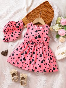 Baby Heart Print Bow Front Dress - Pink - View 1