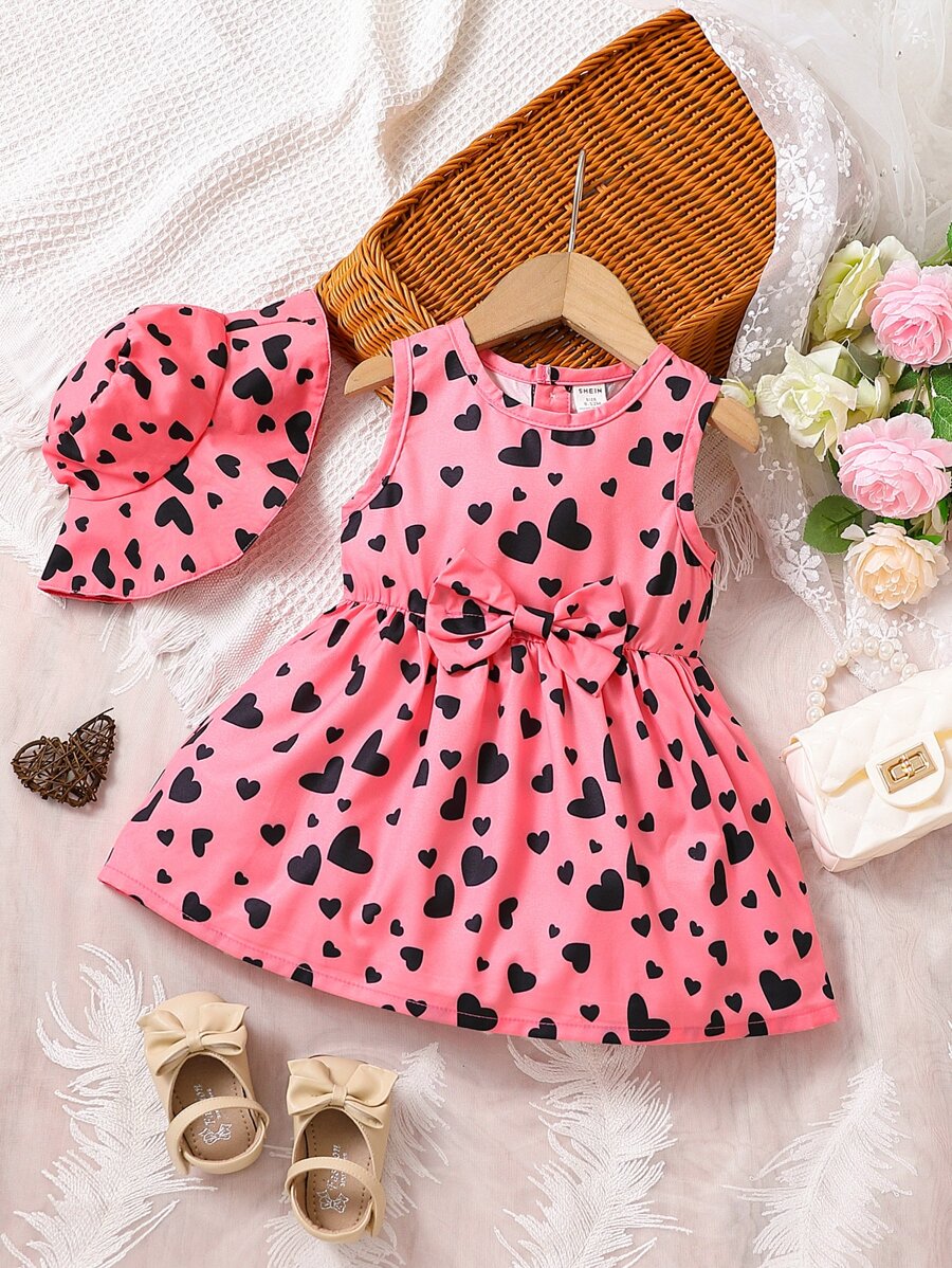 Baby Heart Print Bow Front Dress - Pink - View 1