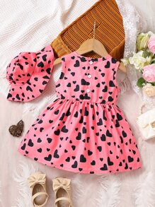 Baby Heart Print Bow Front Dress - Pink - View 2