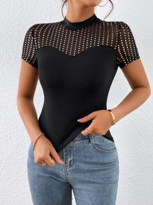SHEIN Privé 亮片細節網紗拼接小高領T恤 - 黑色 - 查看 4