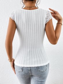 SHEIN Privé Áo thun nữ Tương phản ren màu trơn Giải trí - trắng - Xem 5