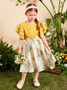 SHEIN Toddler Girls Ruffle Trim Top & Floral Print Skirt - Yellow - View 1