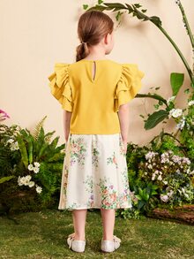 SHEIN Toddler Girls Ruffle Trim Top & Floral Print Skirt - Yellow - View 2